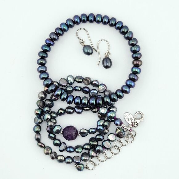 Vintage Parure Genuine Pearl Amethyst Necklace Earring Bracelet Regency Timeless - Picture 9 of 9